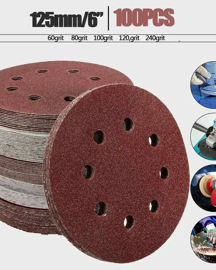 125mm Premium Sanding Discs Set - 100 Assorted Grits with 8-Hole Design for Polishing and Buffing
