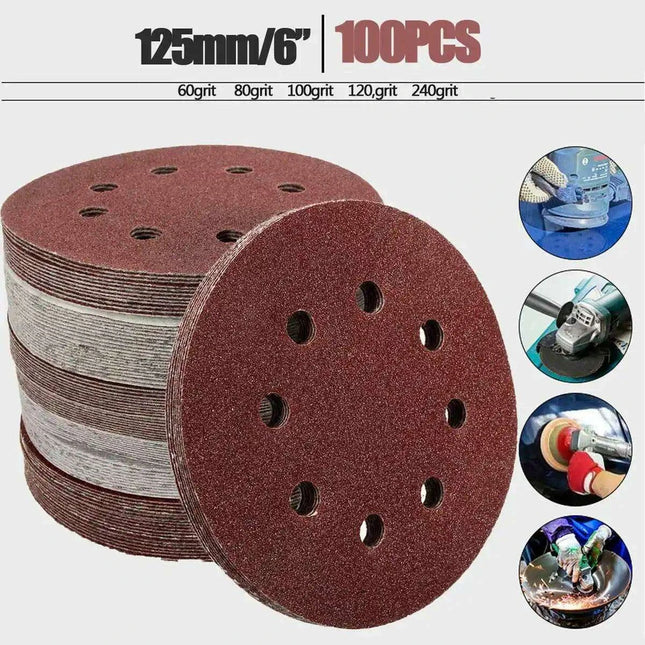 125mm Premium Sanding Discs Set - 100 Assorted Grits with 8-Hole Design for Polishing and Buffing