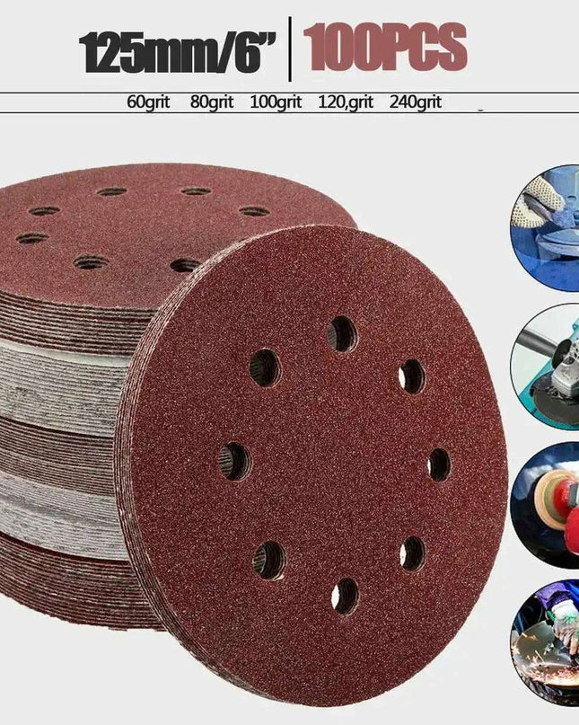 125mm Premium Sanding Discs Set - 100 Assorted Grits with 8-Hole Design for Polishing and Buffing