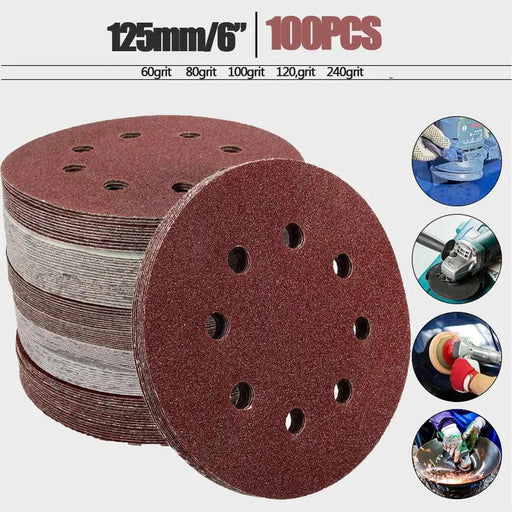 100pcs 125mm Sanding Discs Assorted Grits | 8 Hole Sander Polishing Pads