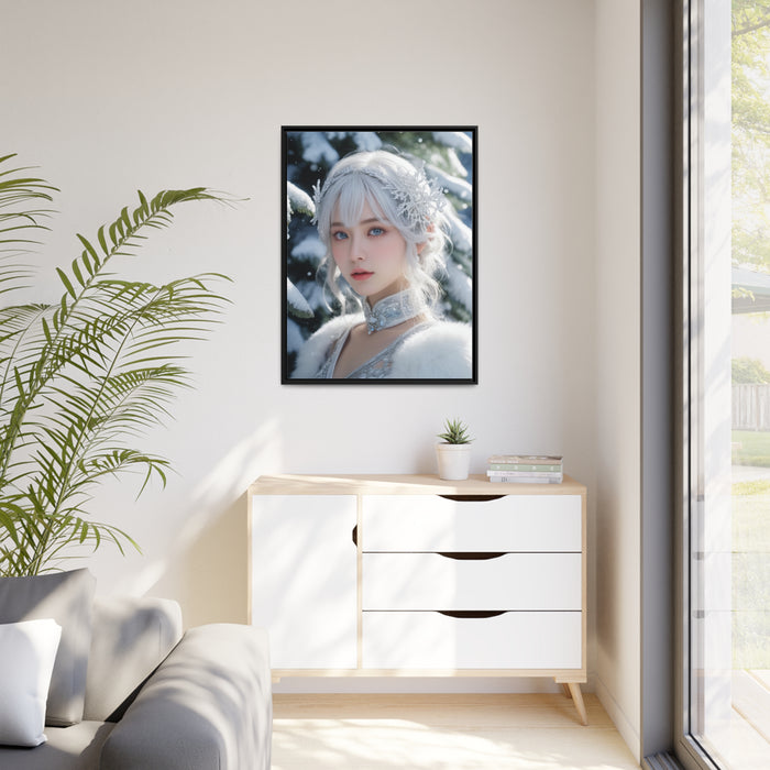 Elegant Snow White Christmas Girl Canvas Print in Sleek Black Frame