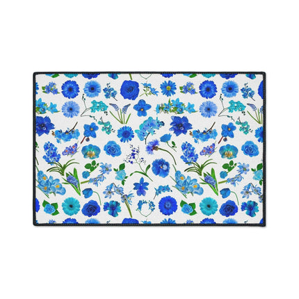 Elegant Customizable Blue Blossom Floor Mat with Chic Black Trim
