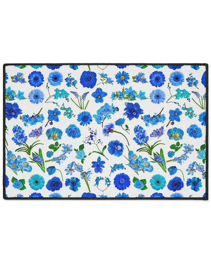 Elegant Customizable Blue Blossom Floor Mat with Chic Black Trim