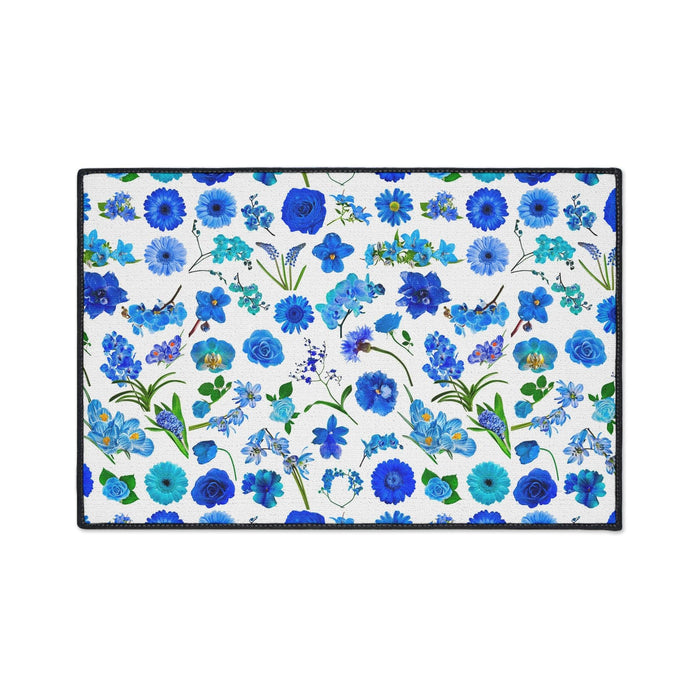 Sophisticated Blue Blossom Personalized Floor Mat with Anti-Slip Backing