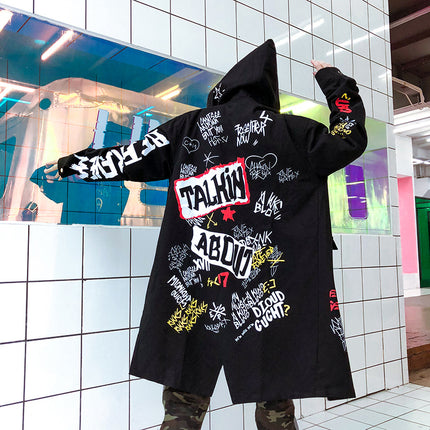 Black Hooded Graffiti-Print Long Coat