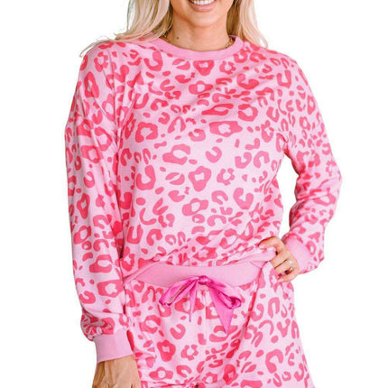 Chic Satin Pink Leopard Print Pajama Set with Bow and Shorts for Ultimate Comfort
