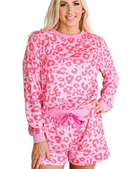 Chic Satin Pink Leopard Print Pajama Set with Bow and Shorts for Ultimate Comfort