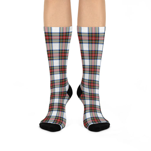 Elegant Black Accented Plaid Crew Socks with Cushioned Comfort - One Size Fits All