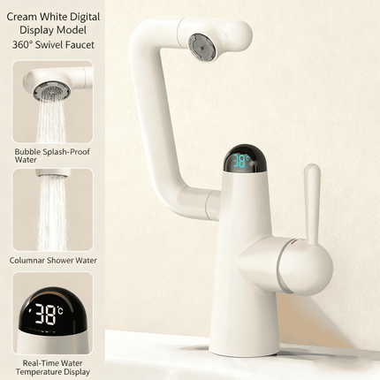 Anti Splash Brass Faucet Rotating Design and Digital Display in White Gunmetal