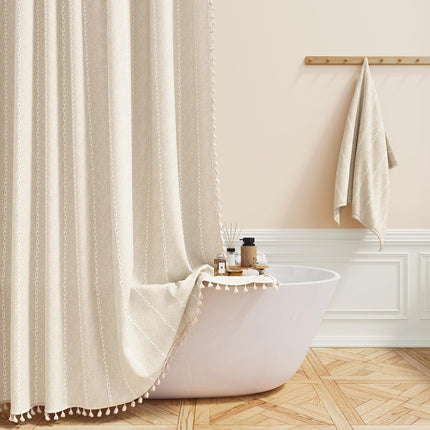 Peekaboo Studio Waterproof Tencel-Linen Checkered Tassel Shower Curtain