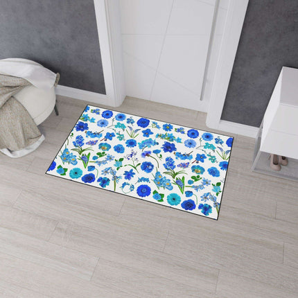 Elegant Customizable Blue Blossom Floor Mat with Chic Black Trim