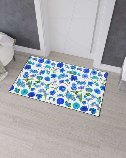 Elegant Customizable Blue Blossom Floor Mat with Chic Black Trim