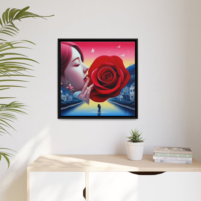 Enchanting Beauty: Lovely Maiden and Rose Valentine Matte Canvas Art on Black Pinewood Frame