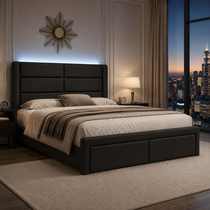 Queen Upholstered Bed Frame with LED Lighting & Faux Leather Headboard — No Box Spring Needed Platform Beds & Bed Frames queen-upholstered-bed-frame-with-led-lights-faux-leather-no-box-spring-needed-black Furniture > Bedroom Furniture > Beds & Bed Frames