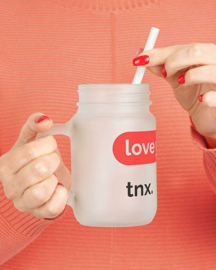 Customizable Frosted Glass Mason Jar Mug Set - 16oz LOVE Design for Unique Beverage Experience