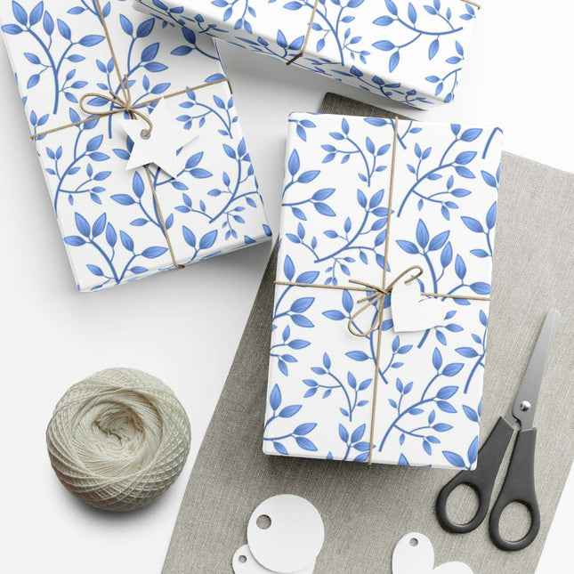 Chic Customizable Blue Floral Gift Wrap Paper Set: Premium Eco-Friendly Matte and Satin Finishes with Multiple Size Choices