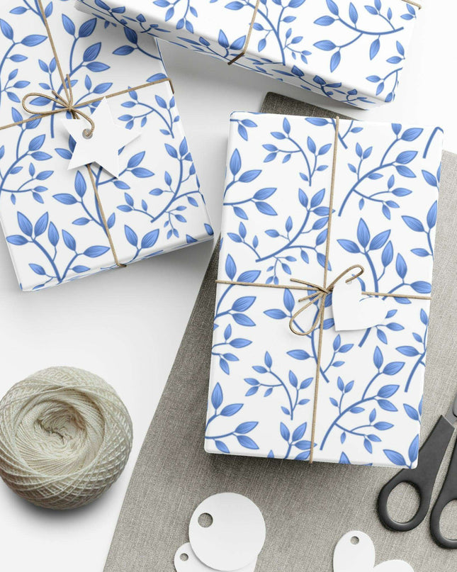 Chic Customizable Blue Floral Gift Wrap Paper Set: Premium Eco-Friendly Matte and Satin Finishes with Multiple Size Choices
