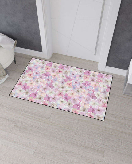 Chic Customizable Blue Daisy Floor Mat with Elegant Black Edging