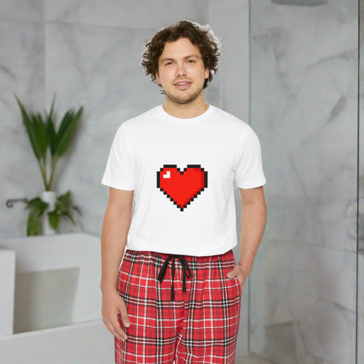 Luxurious Valentine Red Heart Tartan Men's Short Sleeve Cotton Pajama Set
