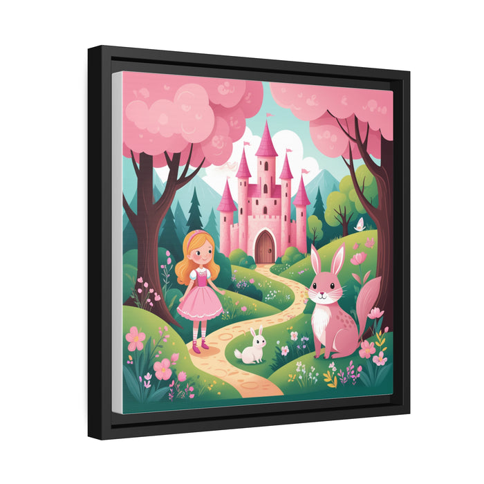 Royal Princess and Pink Castle Canvas Print with Elegant Black Pinewood Frame