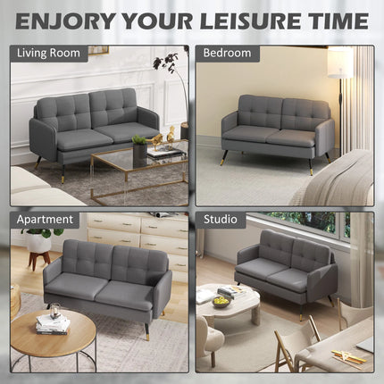 Dark Grey Button-Tufted Loveseat with Black and Gold Steel Legs, 139 cm