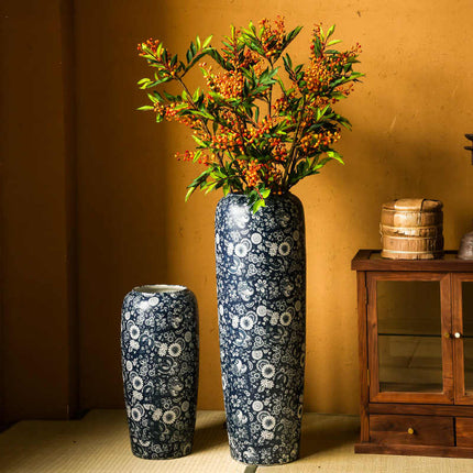 Blue And White Floor Vase Ceramic Tea Rooms Arrangement With Artificial Flowers