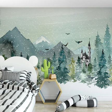 Hand painted castle forest animal kids room mural