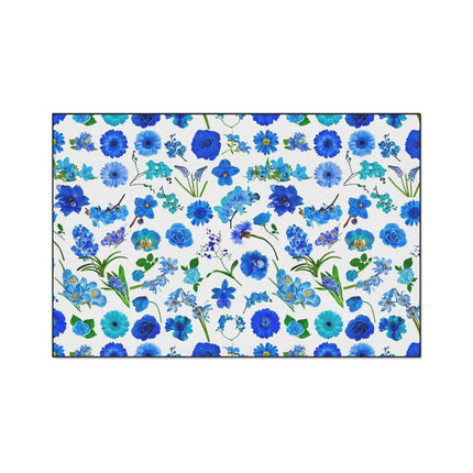 Elegant Customizable Blue Blossom Floor Mat with Chic Black Trim