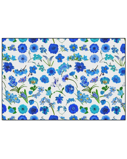 Elegant Customizable Blue Blossom Floor Mat with Chic Black Trim