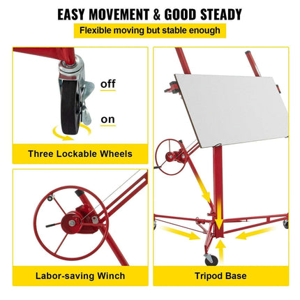 11FT Heavy-Duty Red Drywall Hoist with Adjustable Width and 360° Rotation - Professional Plasterboard Lifter - Très Elite