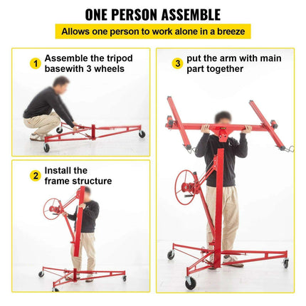11FT Heavy-Duty Red Drywall Hoist with Adjustable Width and 360° Rotation - Professional Plasterboard Lifter - Très Elite