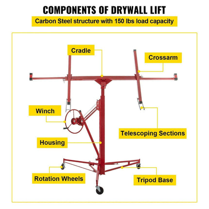 11FT Heavy-Duty Red Drywall Hoist with Adjustable Width and 360° Rotation - Professional Plasterboard Lifter - Très Elite