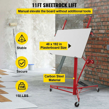11FT Heavy-Duty Red Drywall Hoist with Adjustable Width and 360° Rotation - Professional Plasterboard Lifter - Très Elite