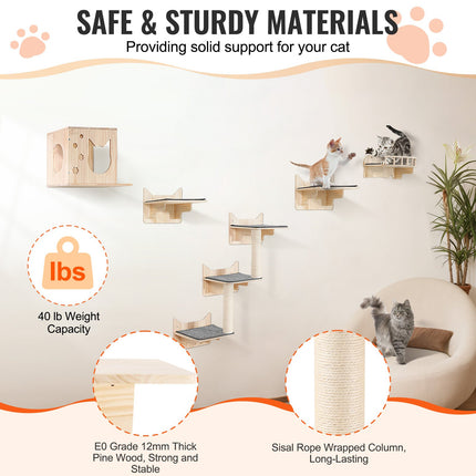 Peekaboo Studio Wall Mounted Cat Shelves - Set of 5 with Jumping Board