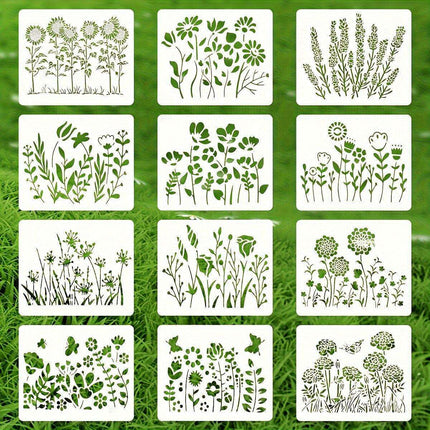 12-Piece Reusable Floral Stencil Set with Cherry Blossom and Vine Patterns - Très Elite