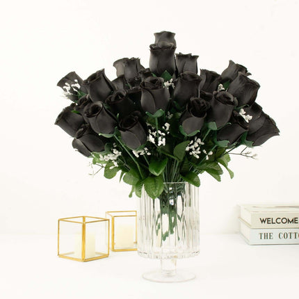 AliKopy 12 Black Silk Rose Bud Bouquets - Premium Quality & Realistic