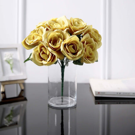 AliKopy 12" Gold Velvet-Like Artificial Rose Bouquet, Lifelike Design