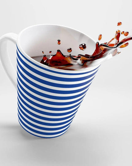 Chic 12 oz White and Blue Striped Ceramic Latte Mug