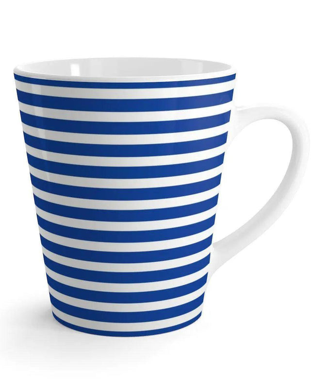 Chic 12 oz White and Blue Striped Ceramic Latte Mug