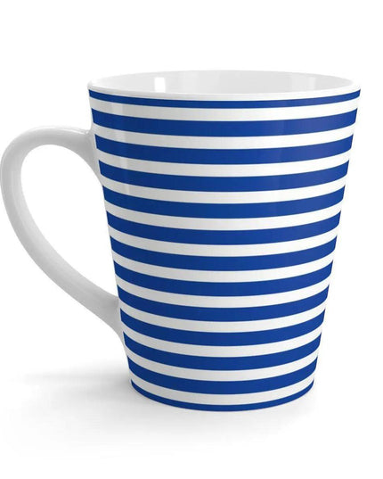 Chic 12 oz White and Blue Striped Ceramic Latte Mug