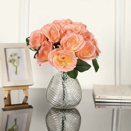 AliKopy 12" Peach Velvet-Like Artificial Rose Bouquet, Realistic & Dur