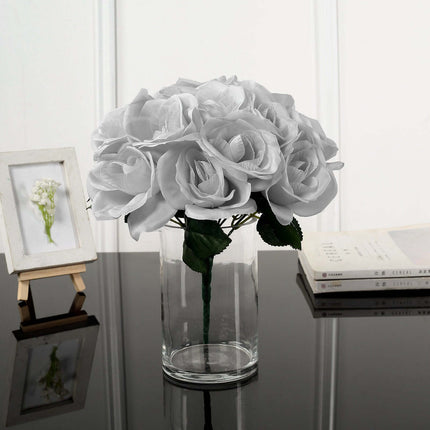AliKopy 12" Silver Velvet-Like Fabric Rose Bouquet - Realistic & Durab
