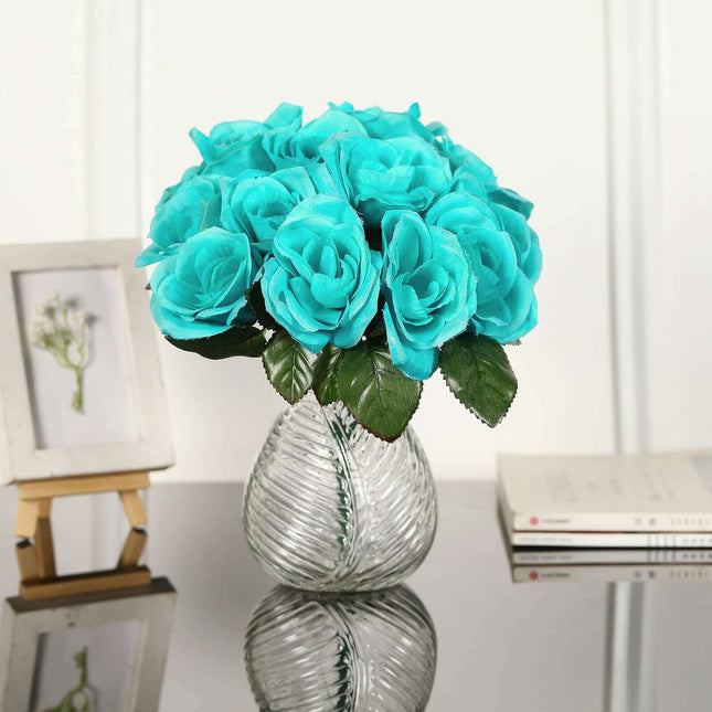 AliKopy 12" Turquoise Velvet-Like Artificial Rose Bouquet - Realistic