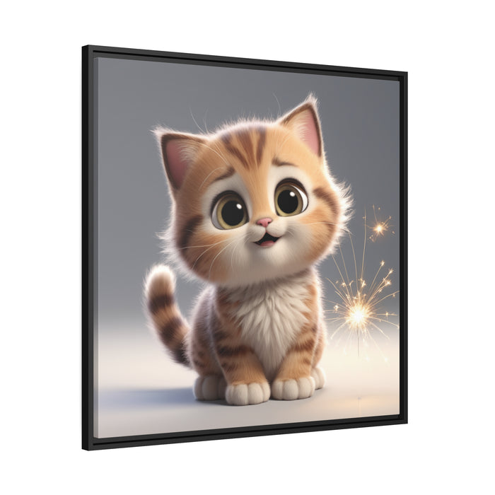 Chic Black Pinewood Framed Adorable Kitty Matte Canvas - Elegant Feline Art Piece