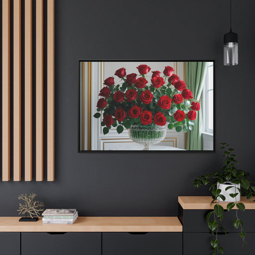 Elegant Crystal Vase of Roses Matte Canvas Print with Black Pinewood Frame