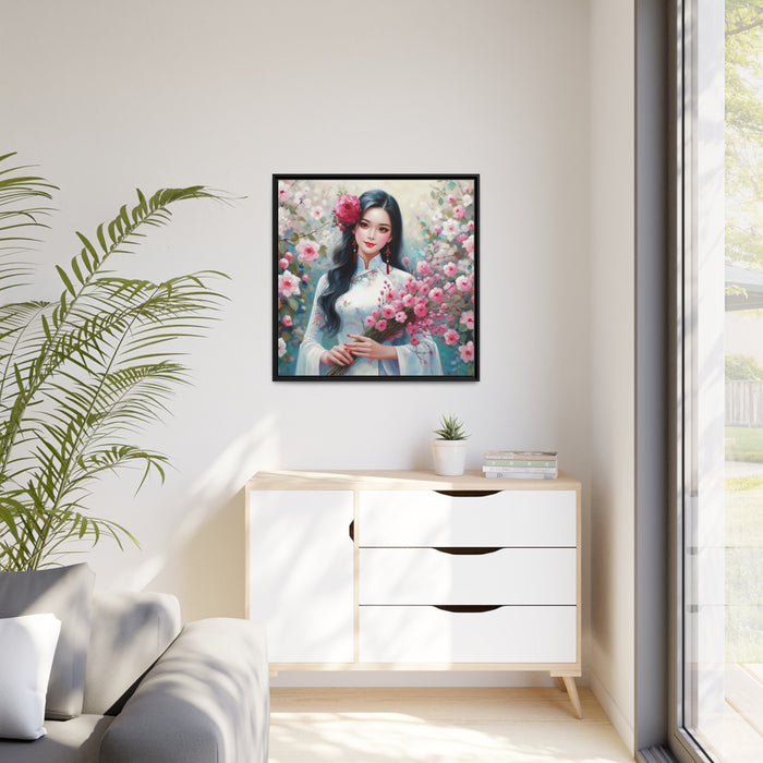 Elegant Ao Dai Girl Matte Canvas Print with Pinewood Frame