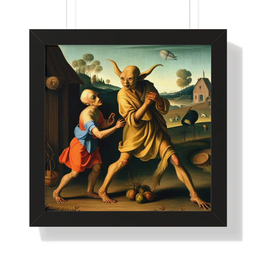 Alien dancing with a goblin in a farm | Renaissance Print Framed Poster