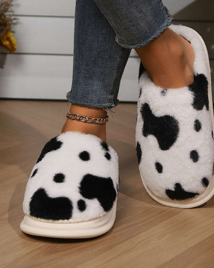 Adorable Cow Print Plush Slippers for Couples - Cozy Non-Slip Fuzzy House Shoes for Winter