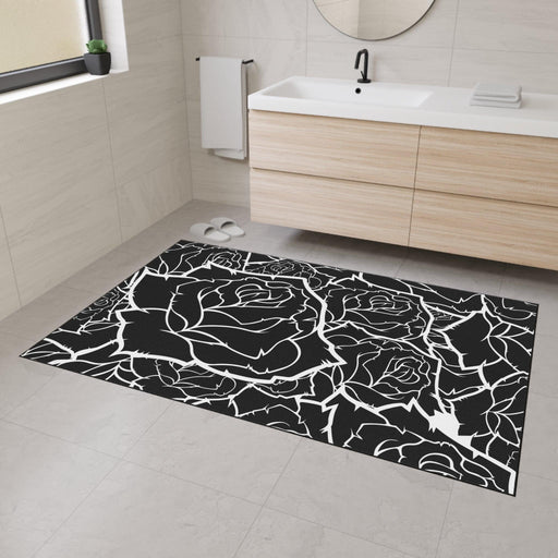 Elegant Custom Black and White Roses Non-Slip Floor Mat