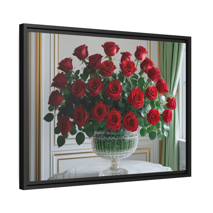 Elegant Rose Crystal Vase Art Print on Matte Canvas with Black Pinewood Frame